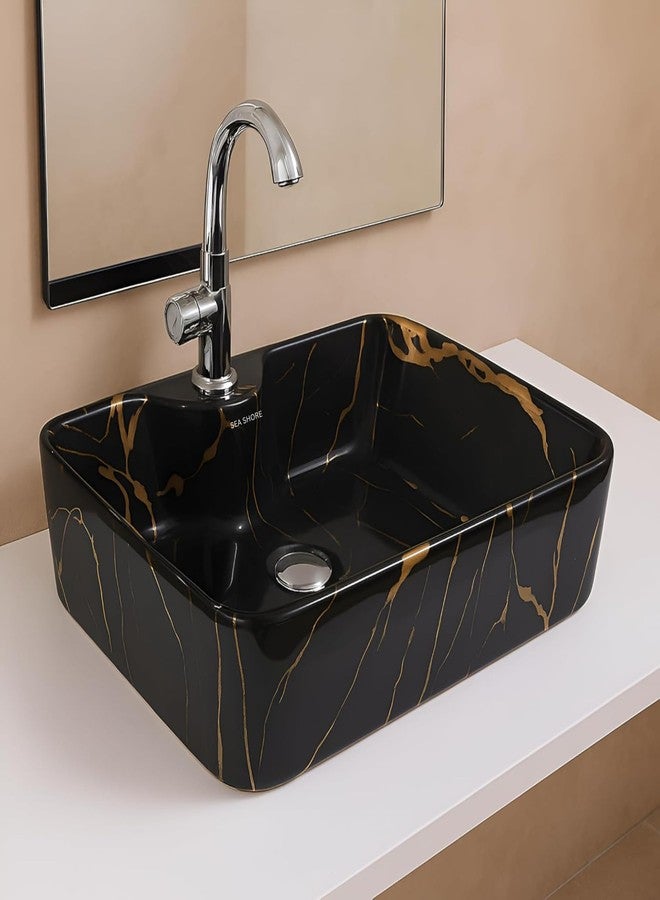 SEA SHORE حوض غسيل سطح الطاولة من السيراميك المستورد من سي شور، حوض ذو حافة رفيعة للحمام وغرفة المعيشة (20 × 15 × 5.5 بوصة، أسود-ذهبي-جيلي) - Image 1